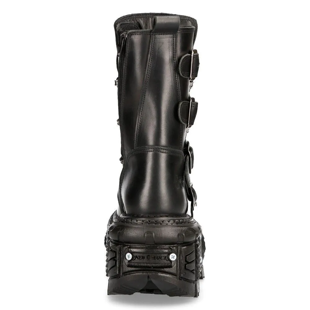 New Rock Unisex Black Leather Combat Platform Boots - TANK373-S1