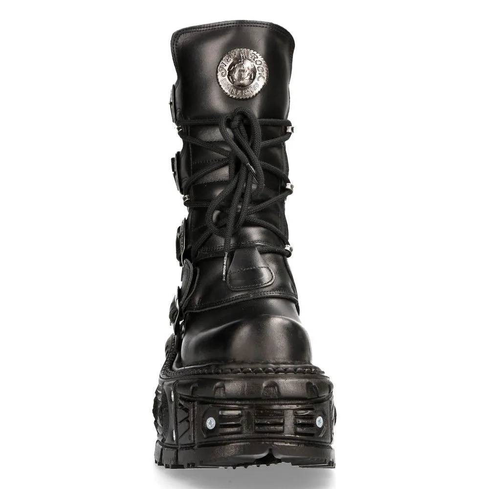 New Rock Unisex Black Leather Combat Platform Boots - TANK373-S1