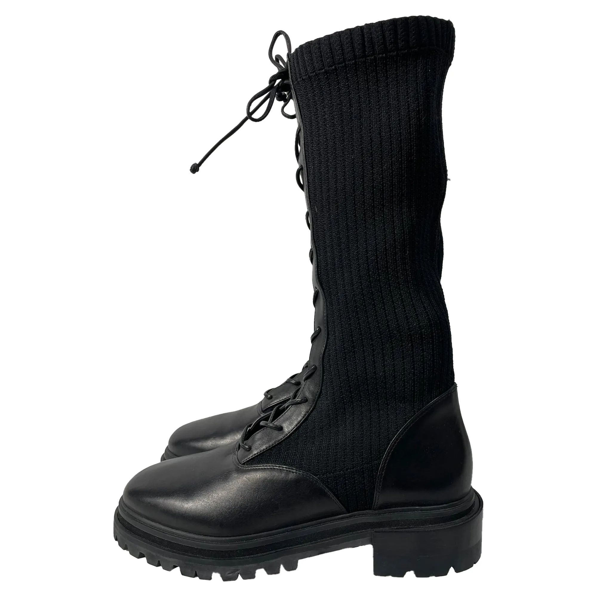 Porte & Paire Ribbed-Knit Lace-Up High Combat Boots in Black Leather