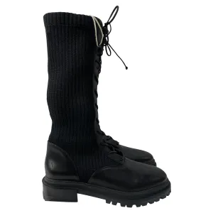 Porte & Paire Ribbed-Knit Lace-Up High Combat Boots in Black Leather