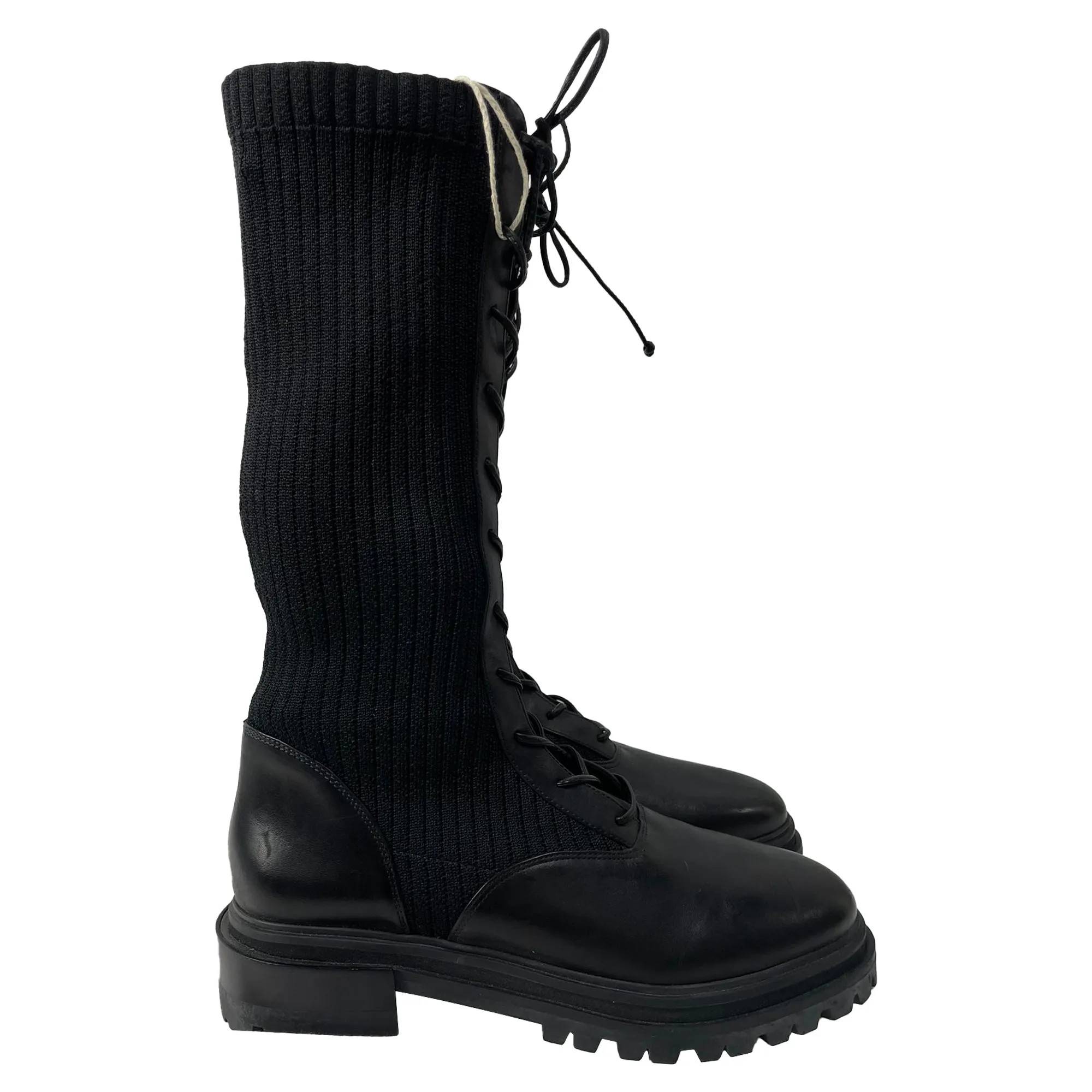 Porte & Paire Ribbed-Knit Lace-Up High Combat Boots in Black Leather