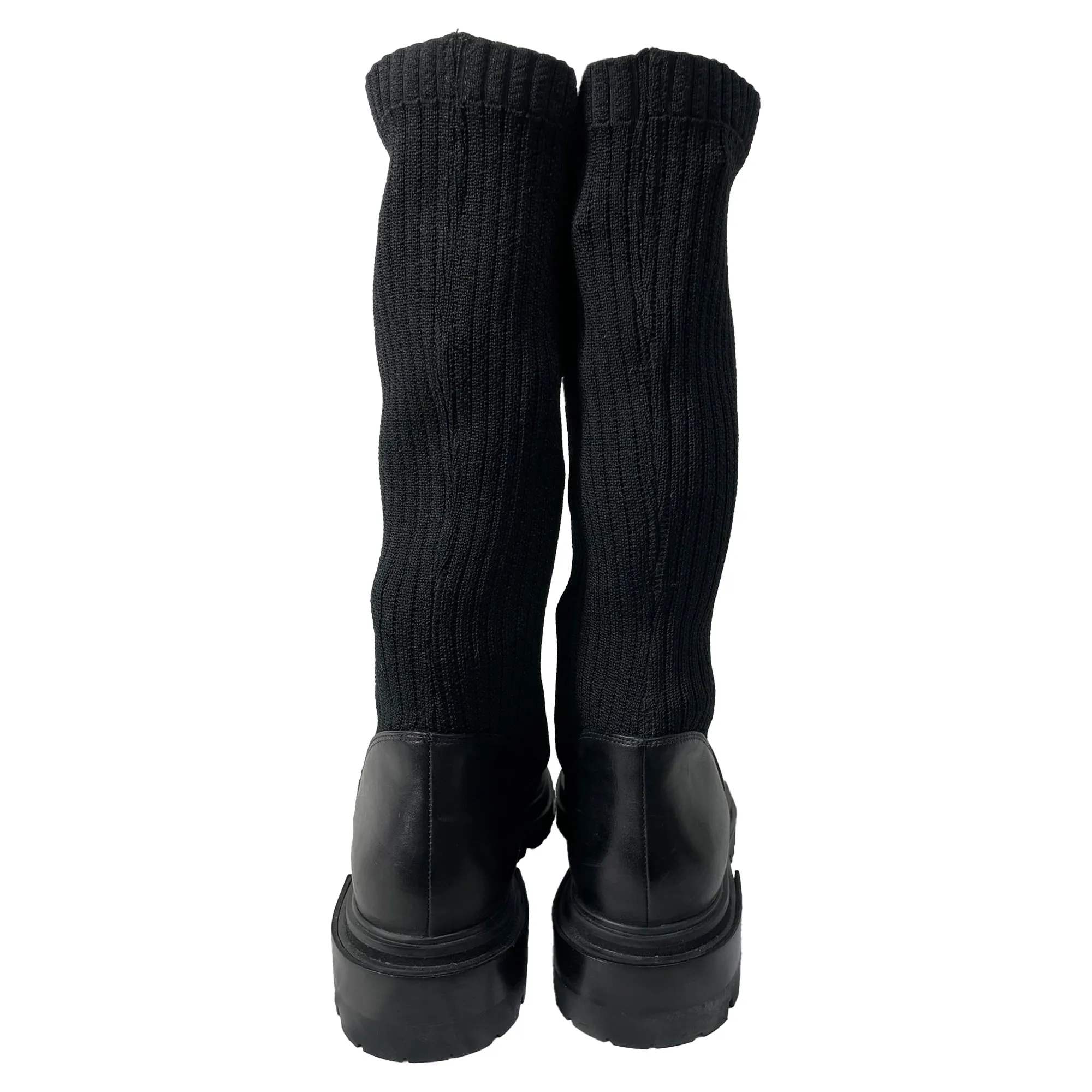 Porte & Paire Ribbed-Knit Lace-Up High Combat Boots in Black Leather