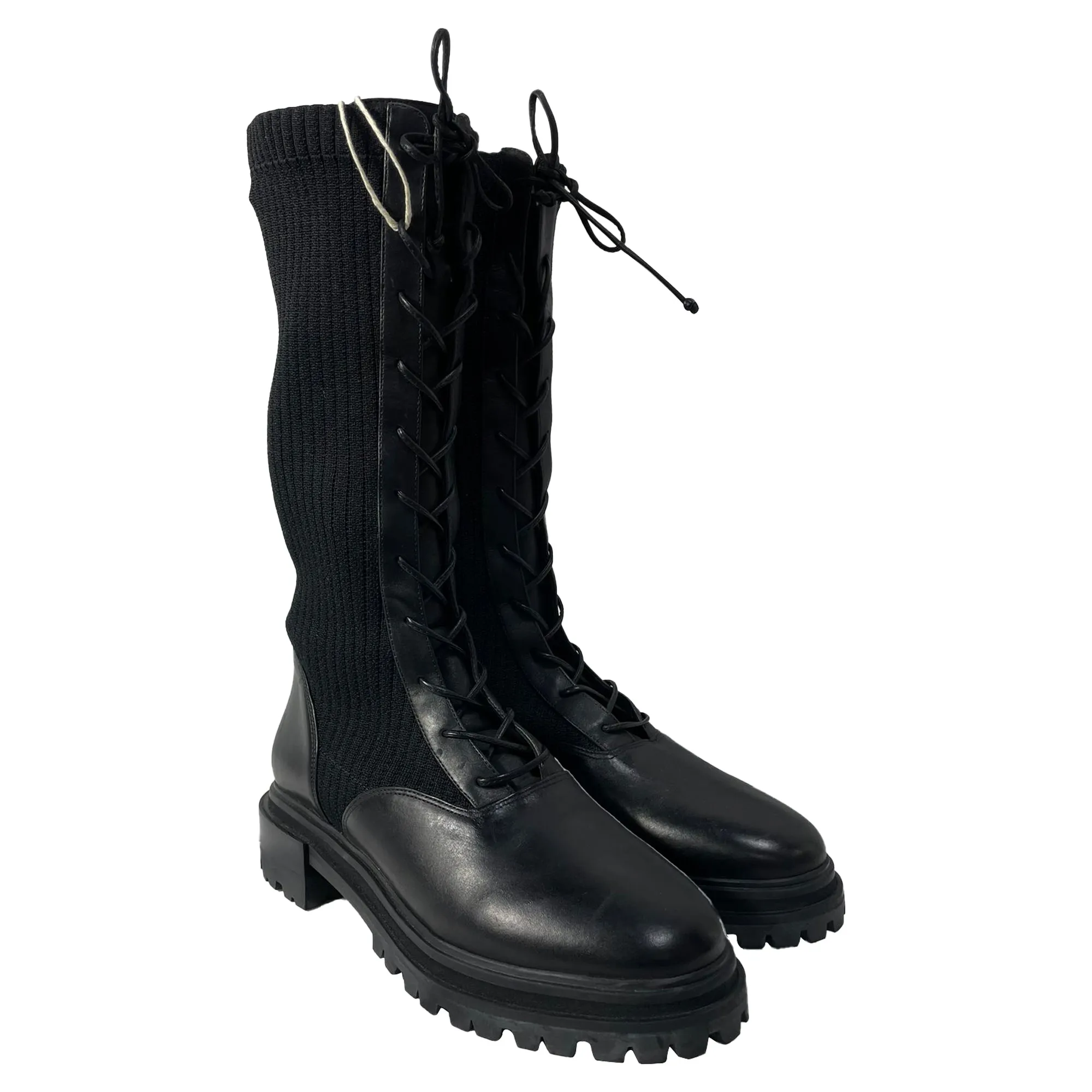 Porte & Paire Ribbed-Knit Lace-Up High Combat Boots in Black Leather