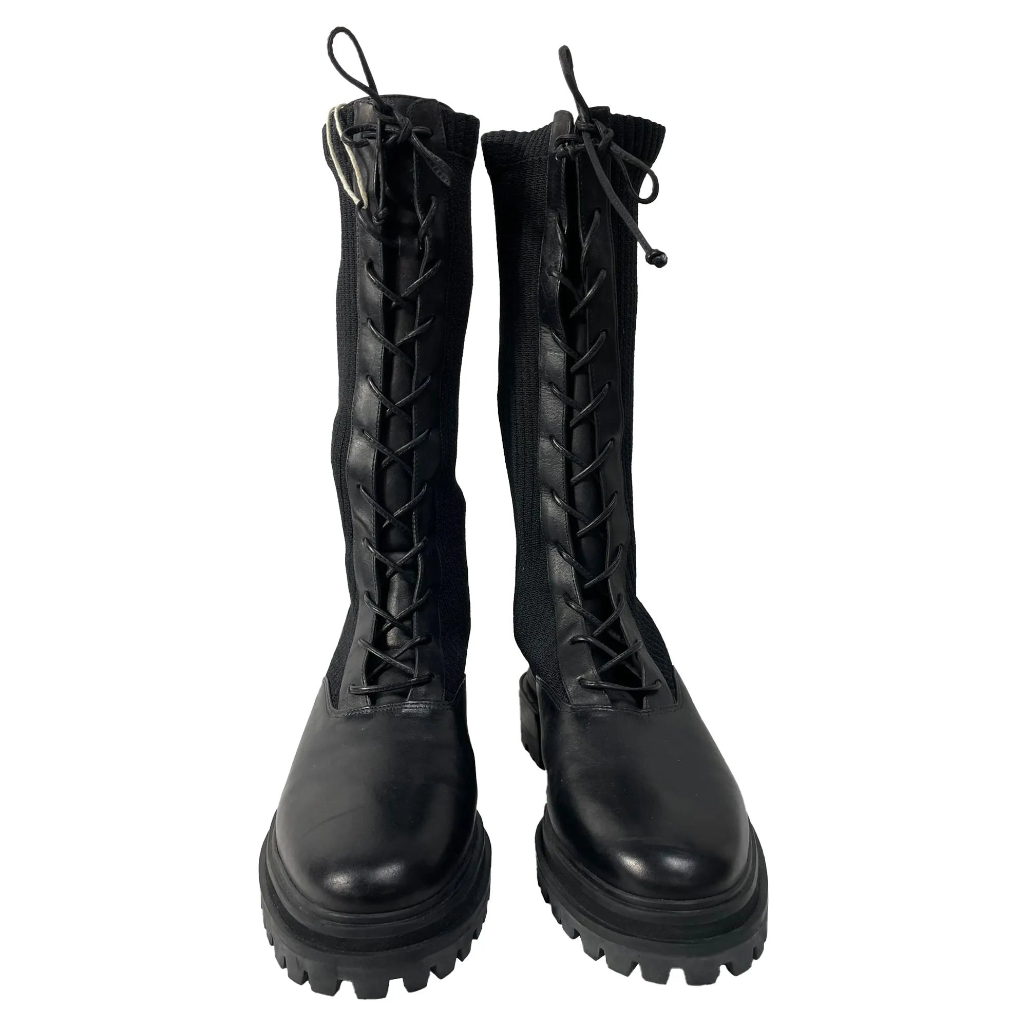 Porte & Paire Ribbed-Knit Lace-Up High Combat Boots in Black Leather