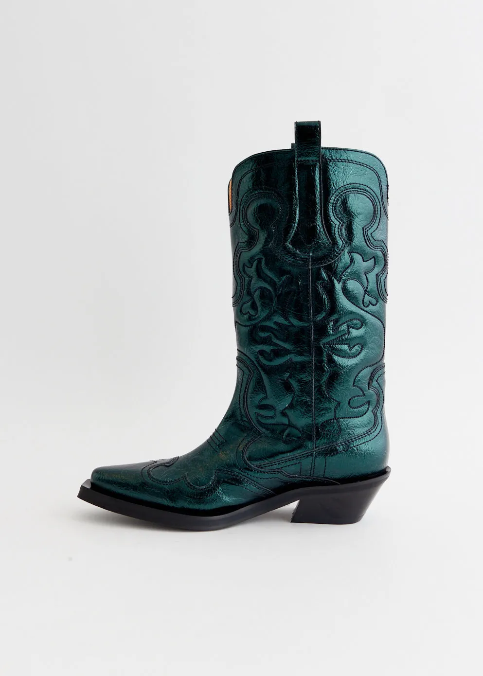 Embossed Leather Mid Shaft Metallic Embroidered Western Boots