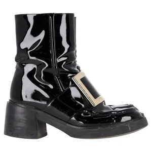 Roger Vivier Metal Buckle Boots in Black Patent Leather