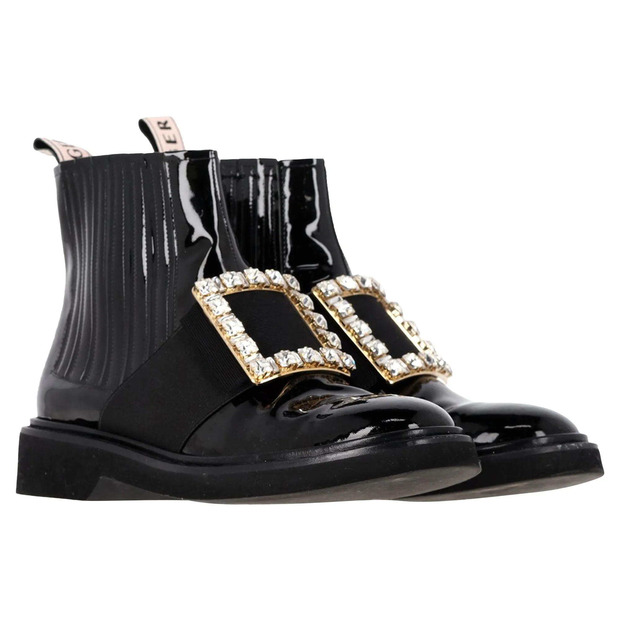 Roger Vivier Viv Rangers Chelsea Booties in Black Patent Leather