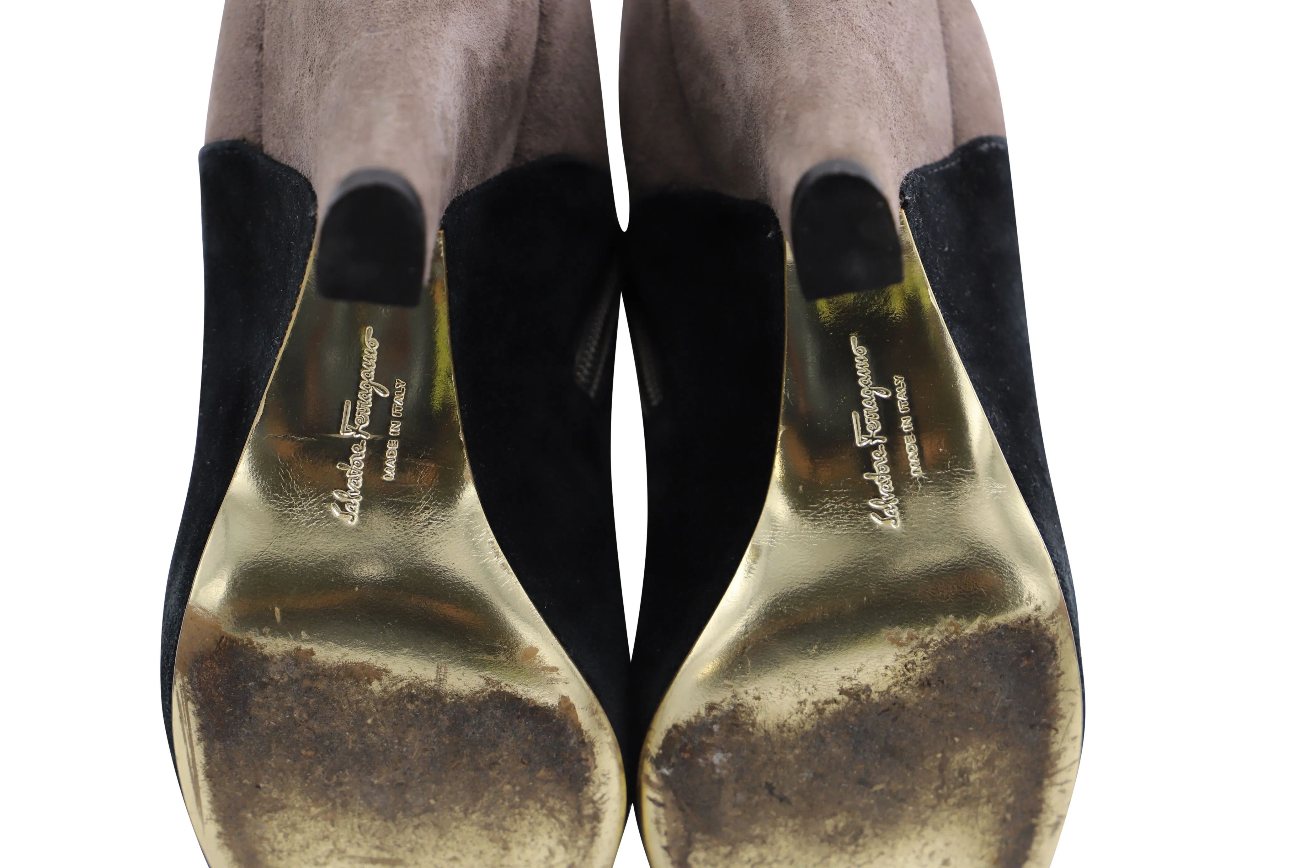 Salvatore Ferragamo Two Tone Knee High Boots in Ecru Suede