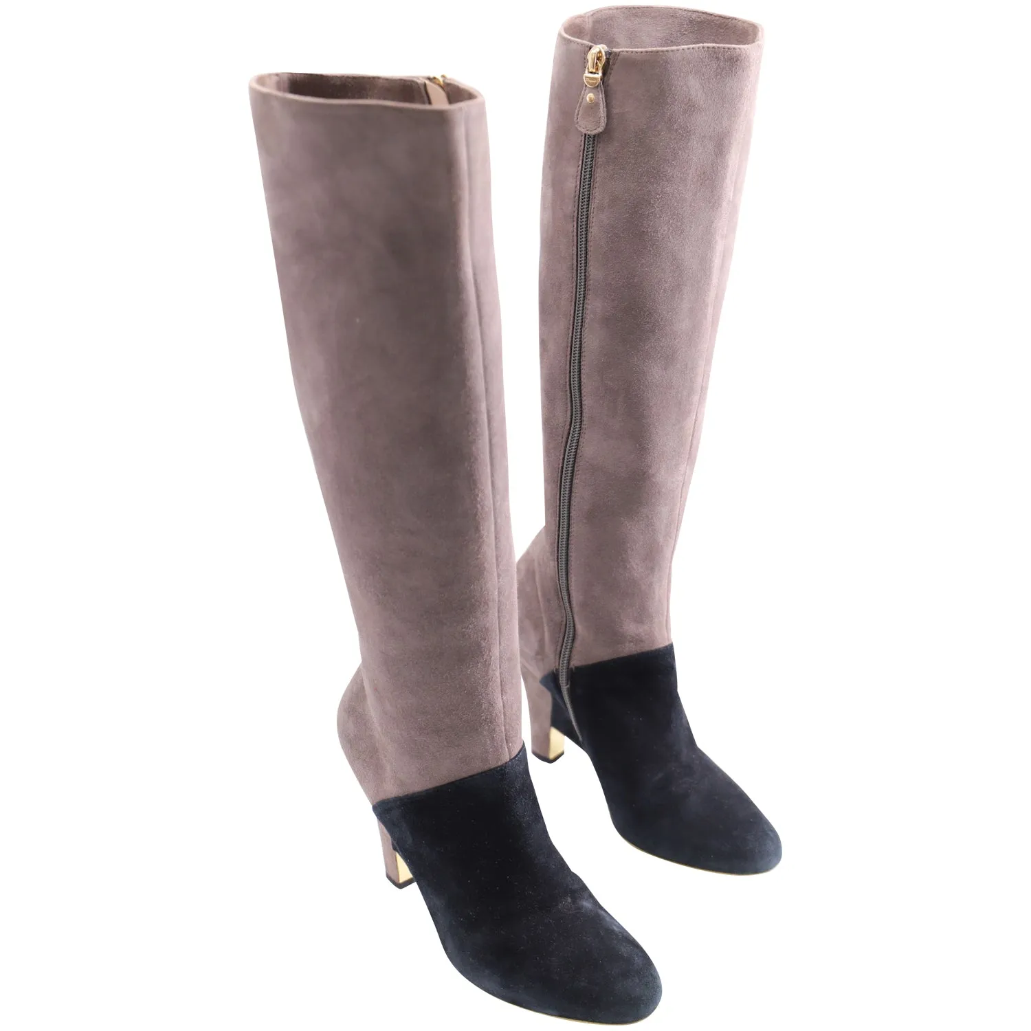 Salvatore Ferragamo Two Tone Knee High Boots in Ecru Suede