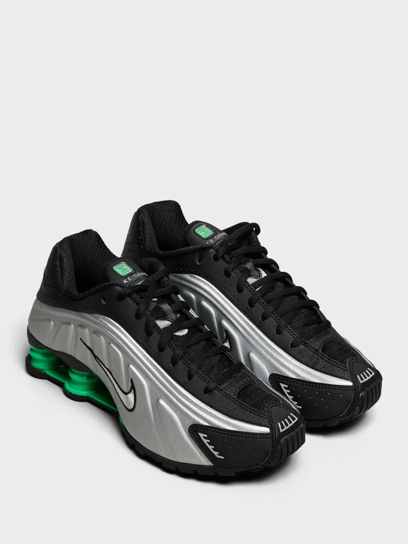 Shox R4 Sneakers in Metallic Silver, Metallic Silver and Black Textile, Lightweight, Collapsible