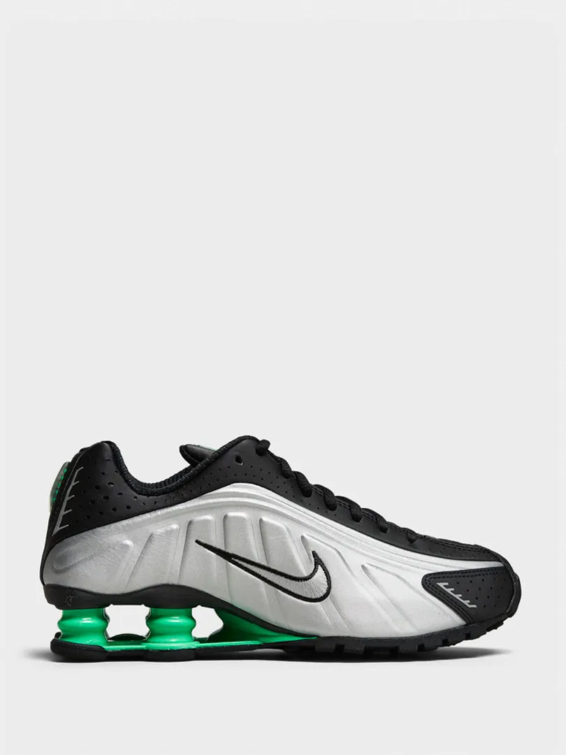 Outfit For The Weekend Space Saver Shox R4 Sneakers in Metallic Silver, Metallic Silver and Black Superior Craftsmanship Fold-Over Flap