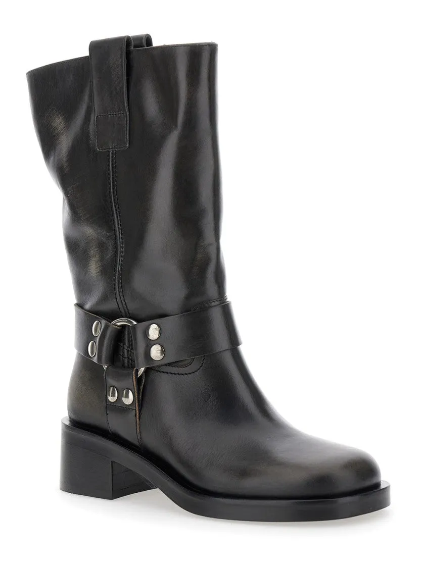 Stylish Leather Boots With Buckle Detail