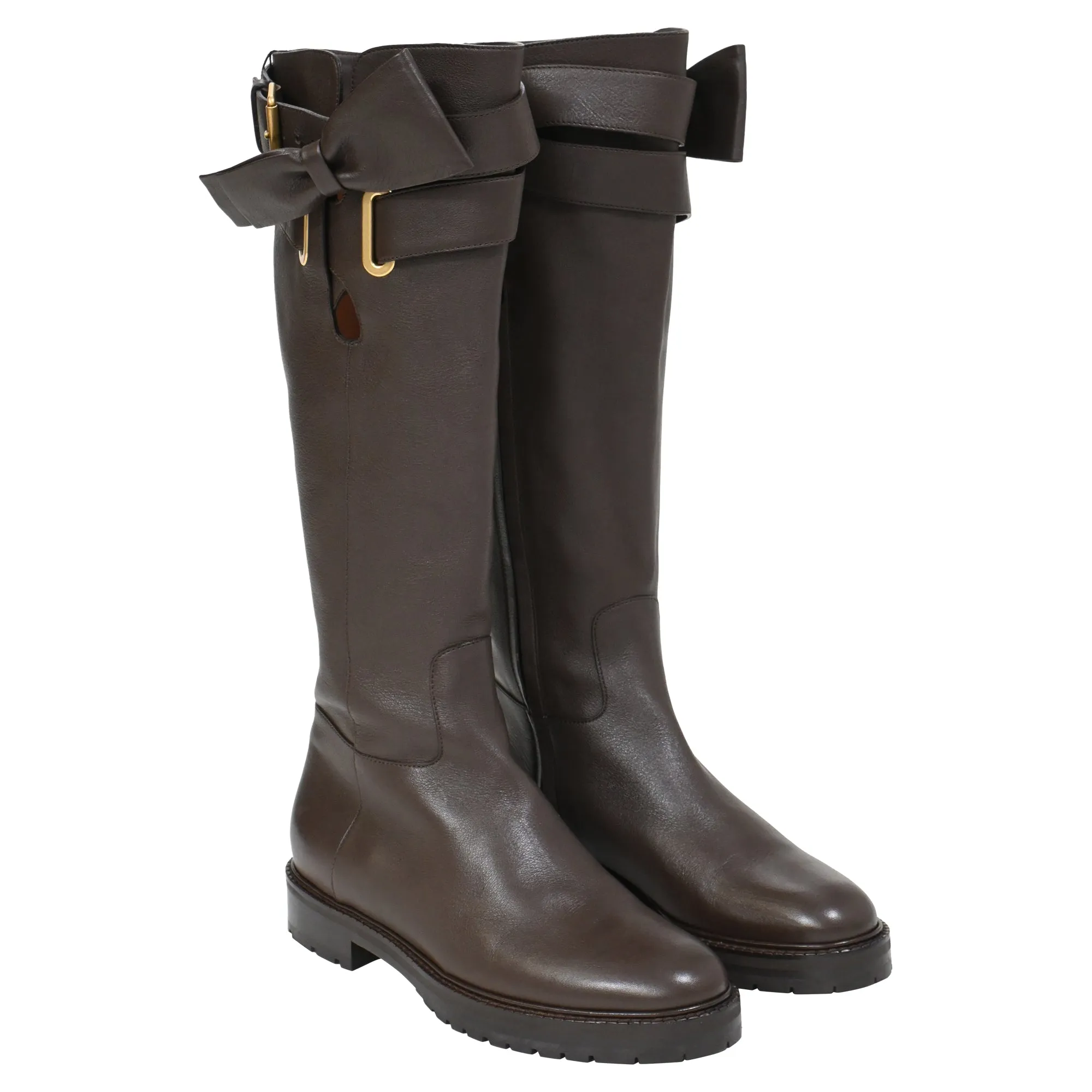 Valentino Bow-Embellished Knee Boots in Brown Leather