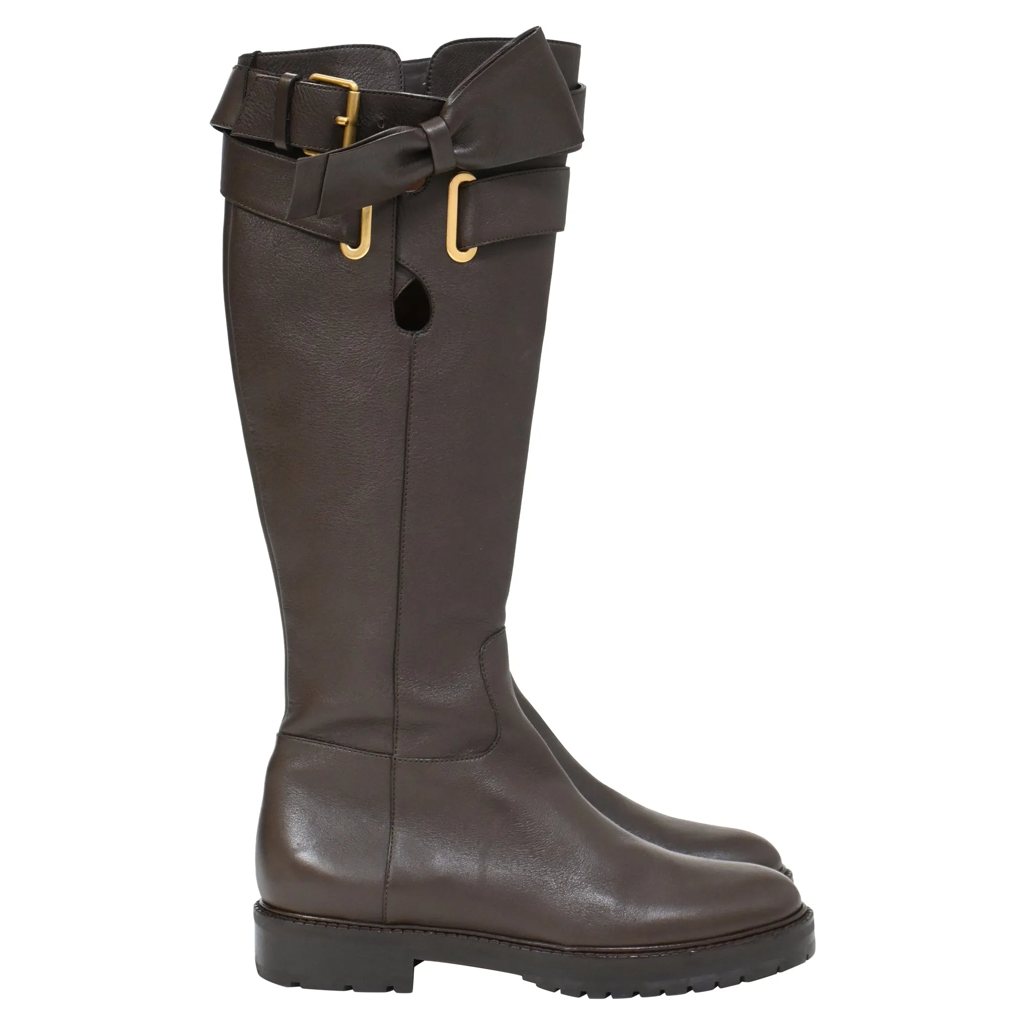 Valentino Bow-Embellished Knee Boots in Brown Leather