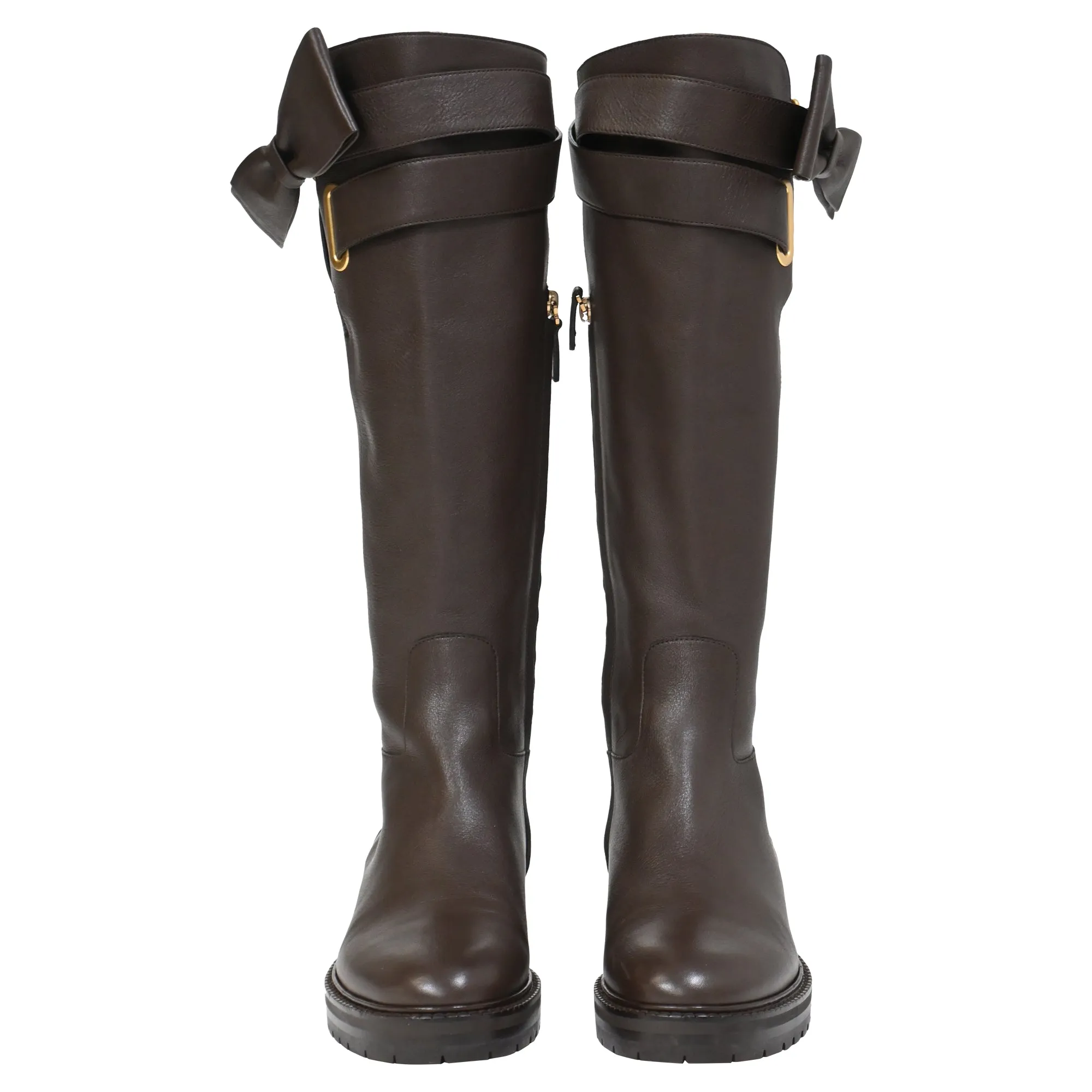 Valentino Bow-Embellished Knee Boots in Brown Leather