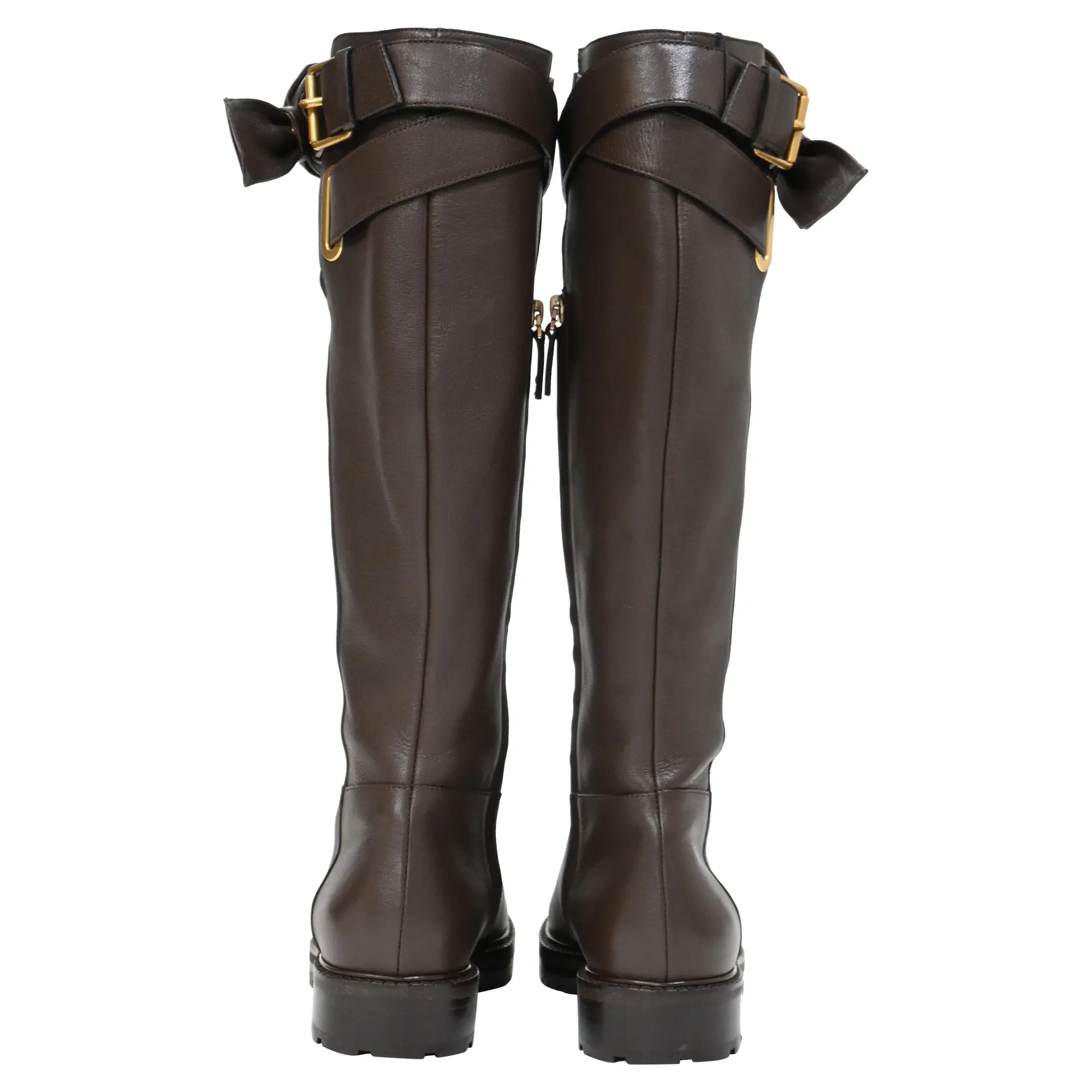 Valentino Bow-Embellished Knee Boots in Brown Leather
