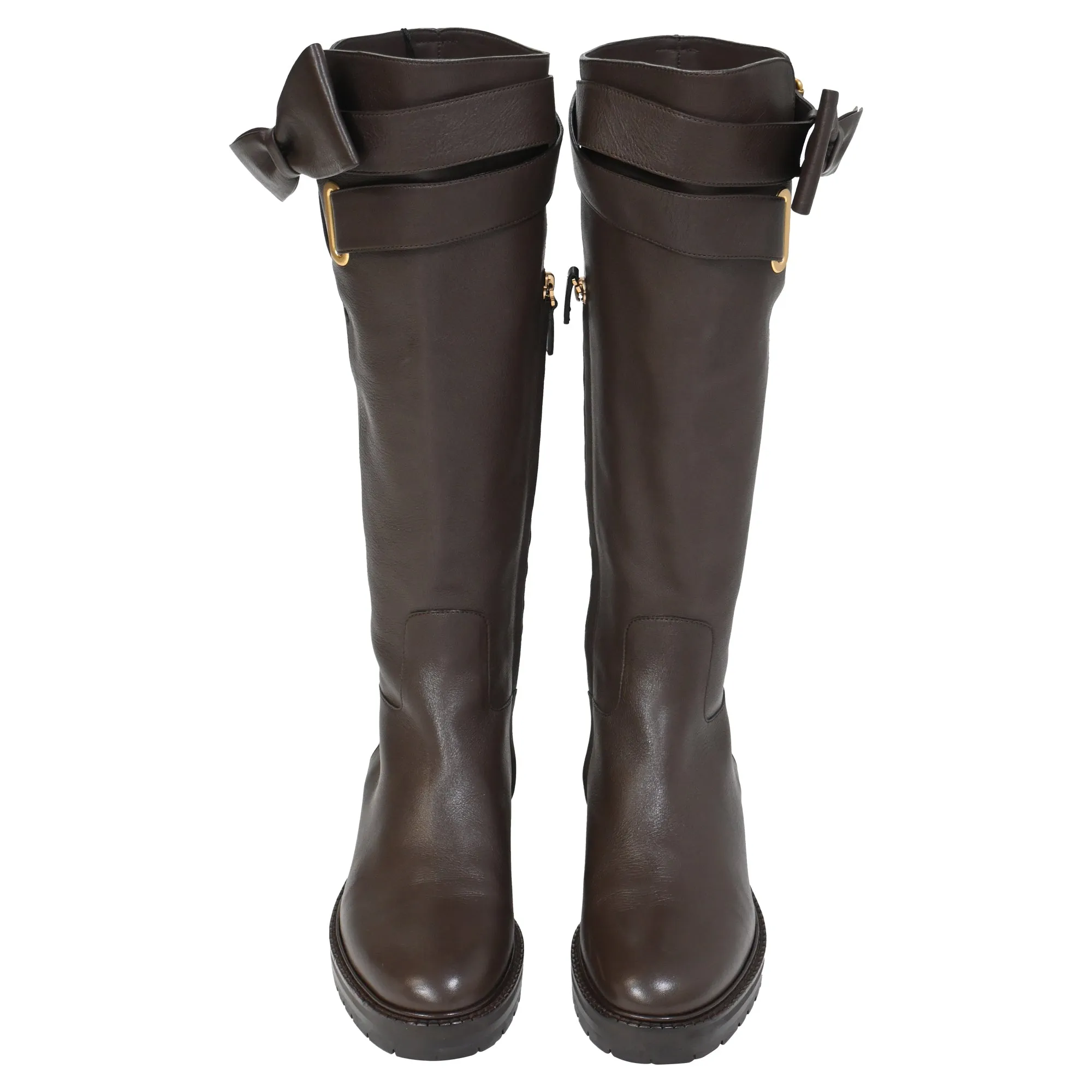 Valentino Bow-Embellished Knee Boots in Brown Leather
