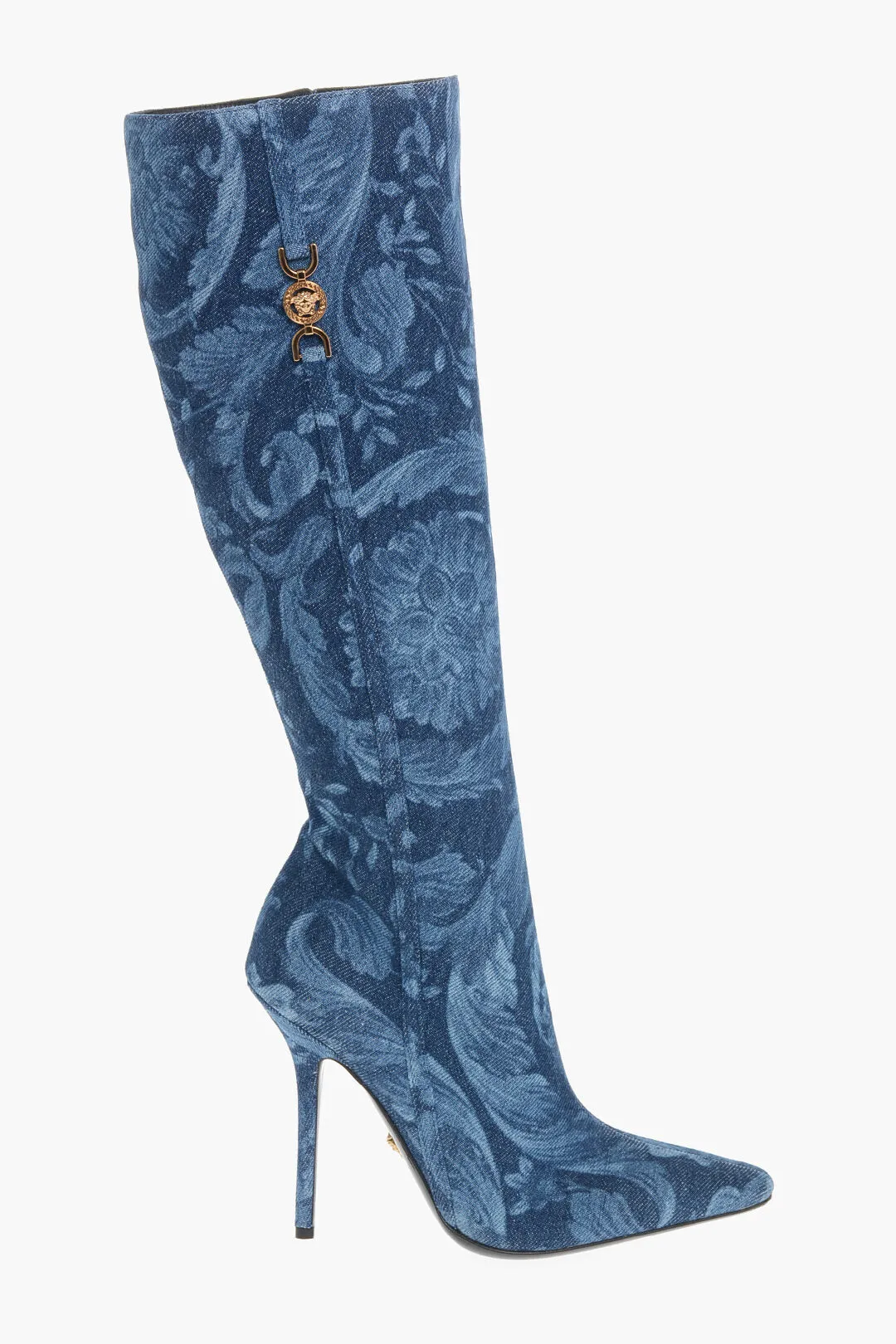 Versace Denim La Greca Under The Knee Boots With Stiletto Heel 11Cm