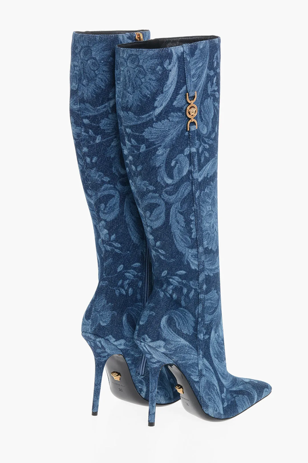 Versace Denim La Greca Under The Knee Boots With Stiletto Heel 11Cm