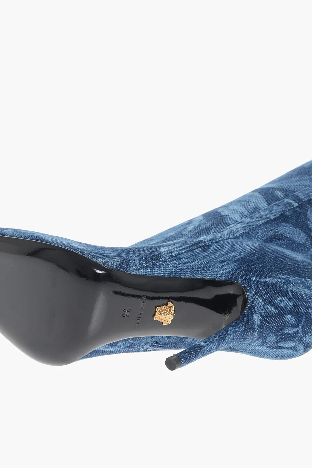 Versace Denim La Greca Under The Knee Boots With Stiletto Heel 11Cm