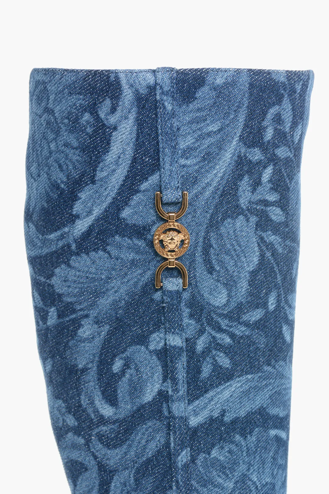 Versace Denim La Greca Under The Knee Boots With Stiletto Heel 11Cm