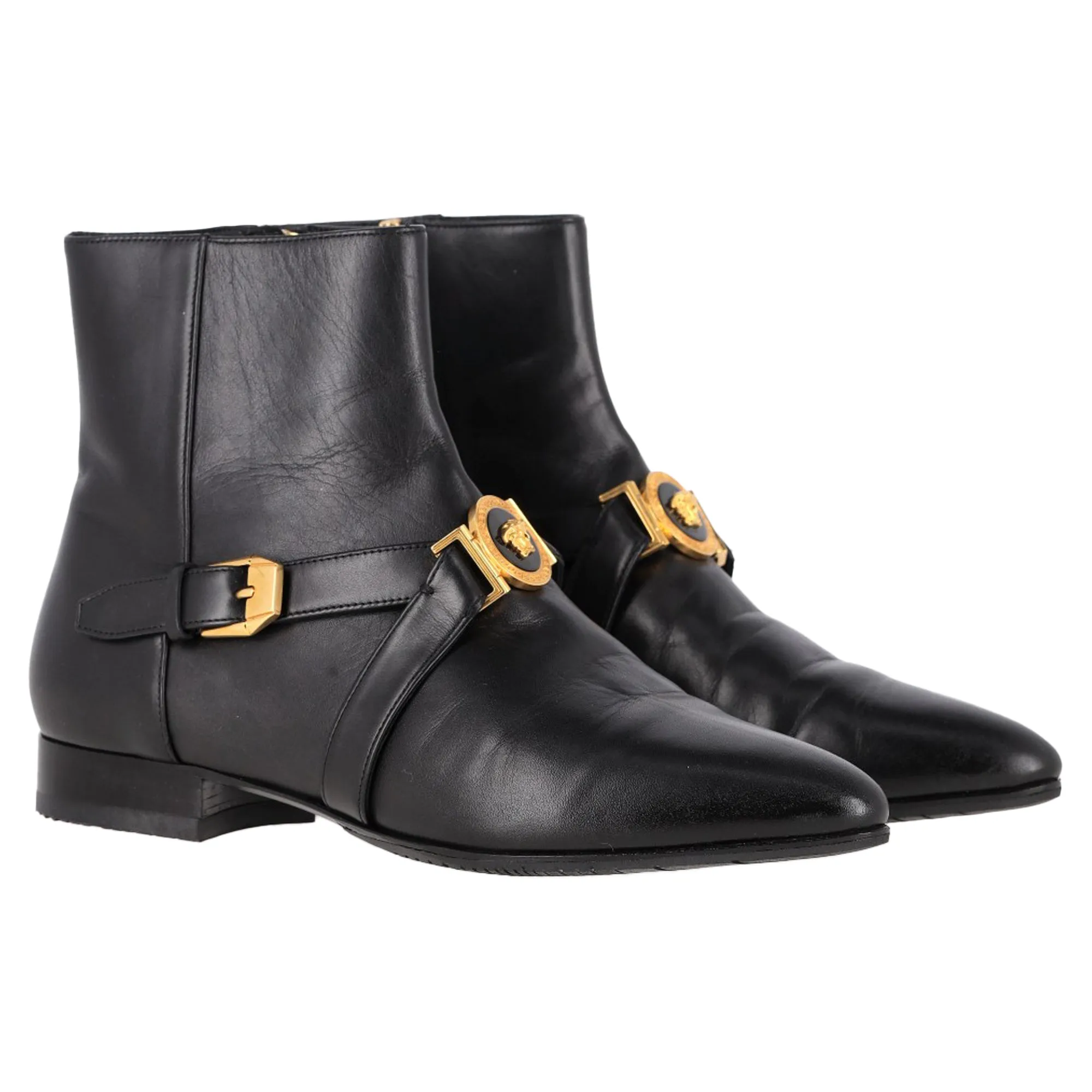 Versace Medusa Buckled Ankle Boots in Black Leather