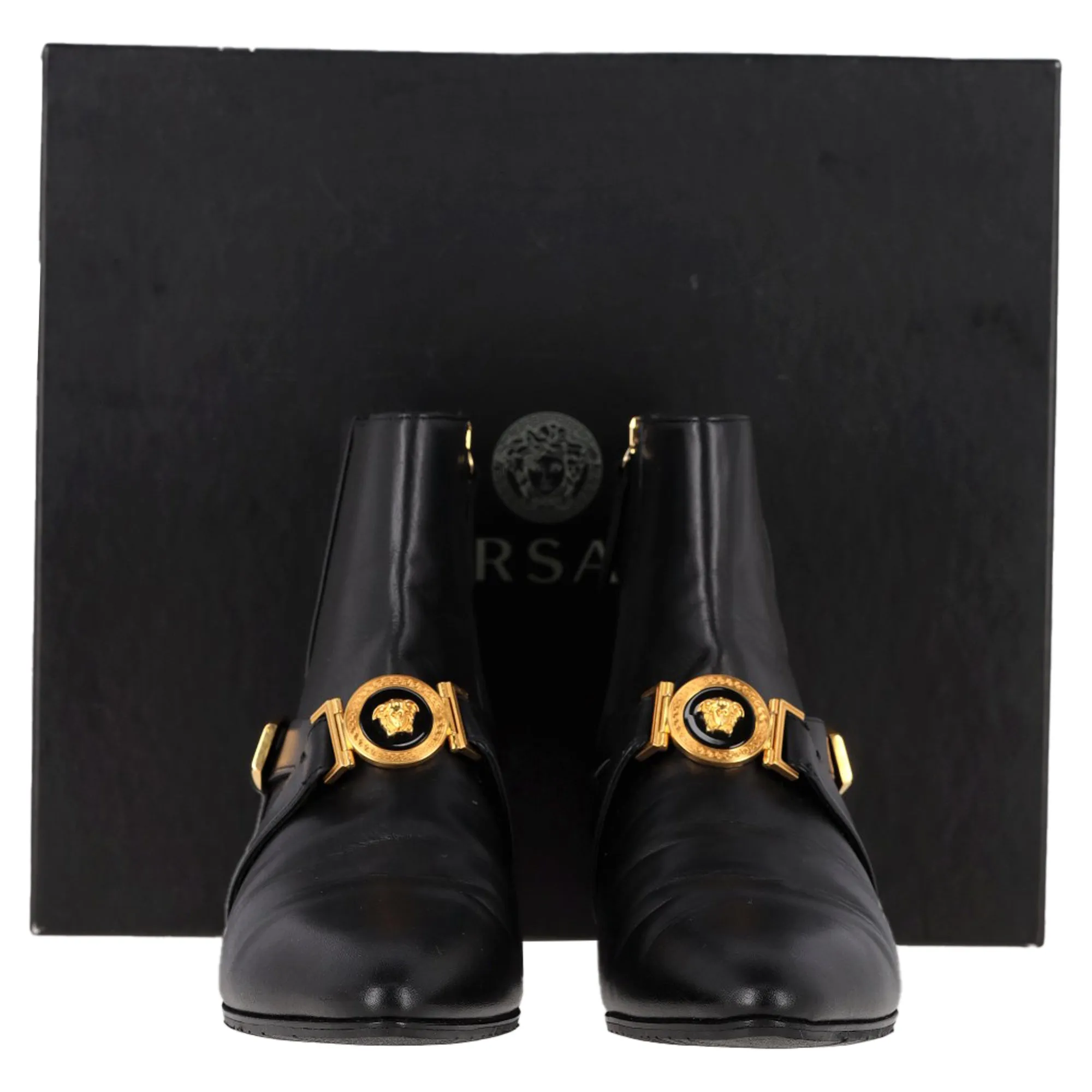 Versace Medusa Buckled Ankle Boots in Black Leather