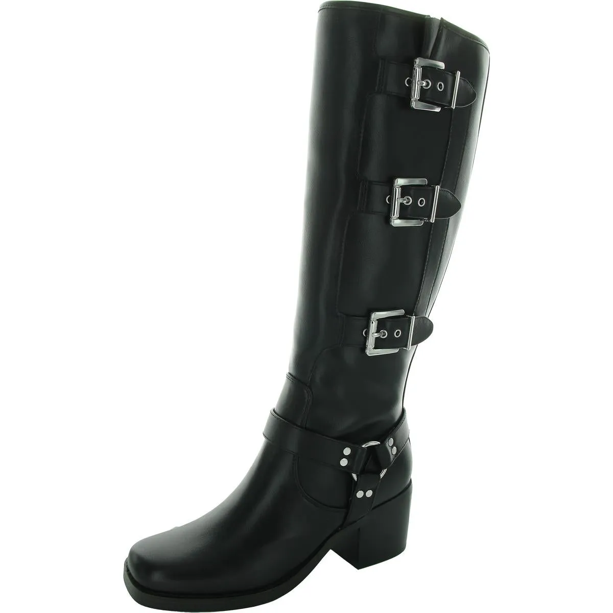 Womens Buckle Faux Leather Knee-High Boots
