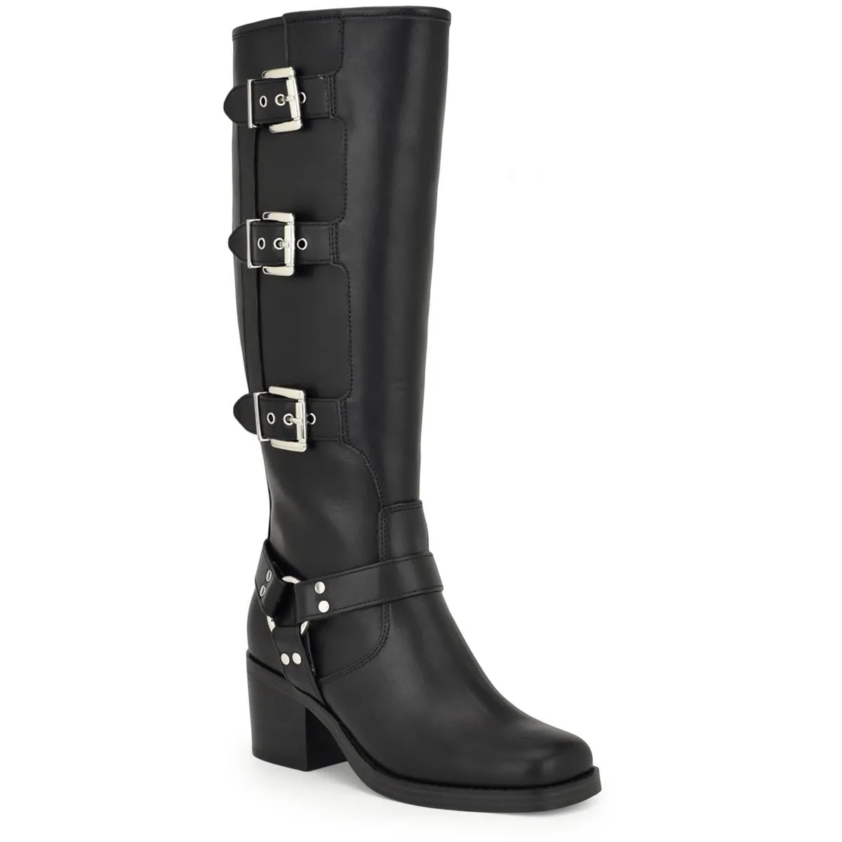 Womens Buckle Faux Leather Knee-High Boots