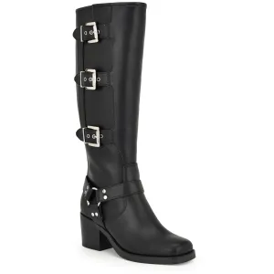 Womens Buckle Faux Leather Knee-High Boots