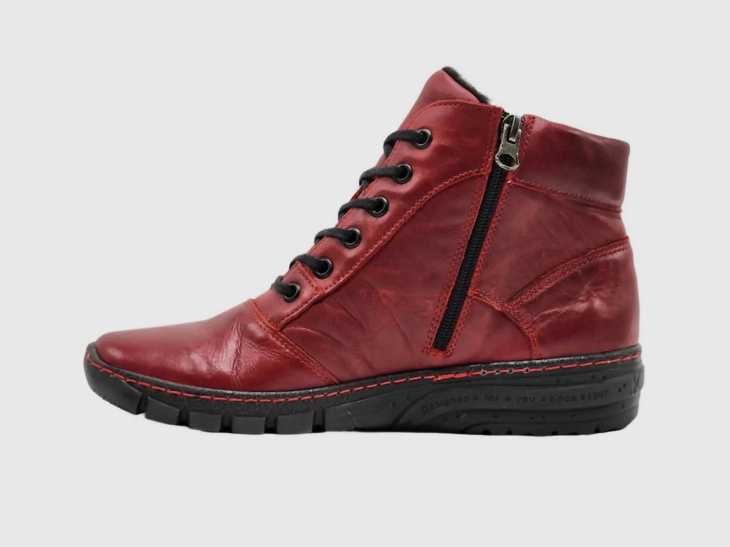 Women's Everyday Fur-Lined Zip-Up Leather Boots In Red