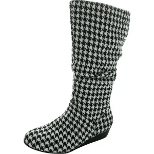 Womens Houndstooth Faux Suede Mid-Calf Boots