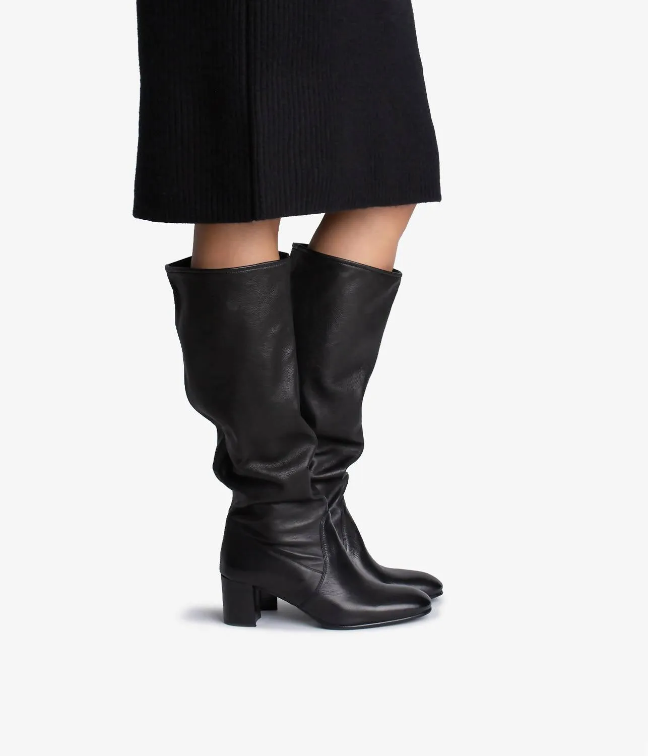 Xantia Tall Midi Slouch Leather Boots In Black